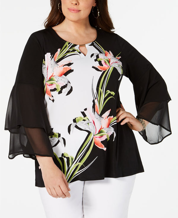 Jm Collection Womens Plus Size Printed Bell Sleeve Tunic