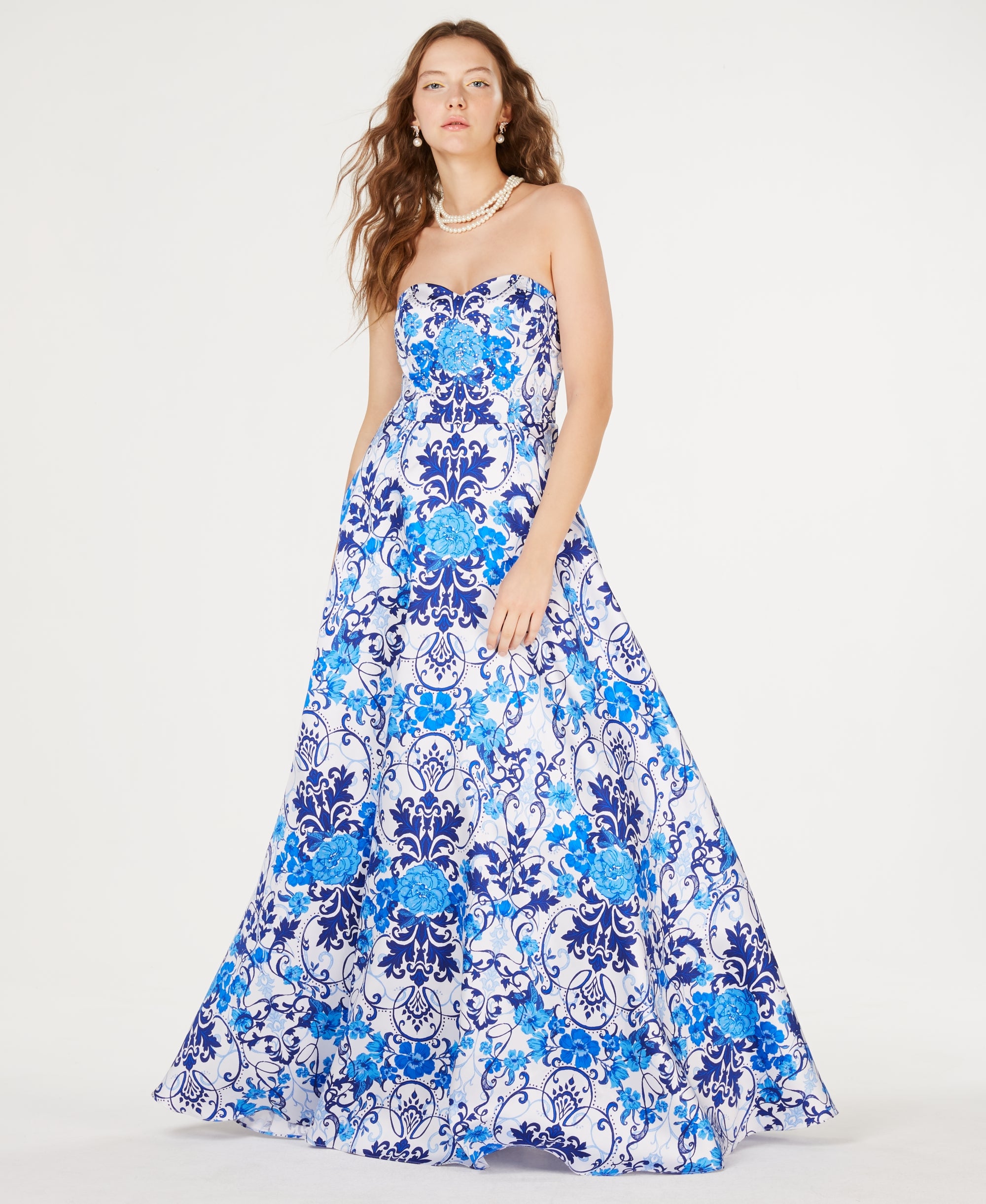 Say Yes to the Prom Junior Girls Printed Rhinestone Strapless Gown