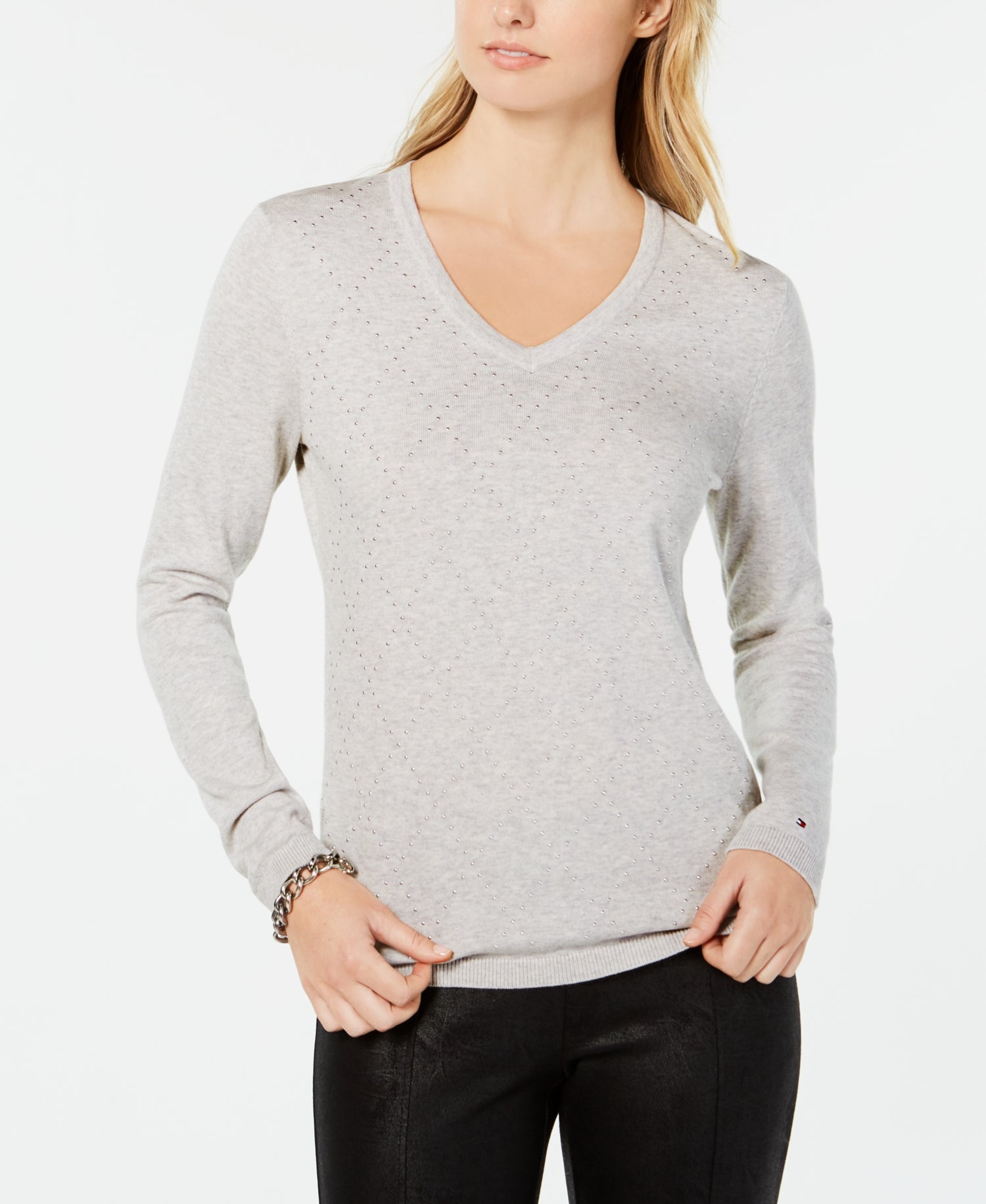 Tommy Hilfiger Womens Argyle Embellishments Sweater
