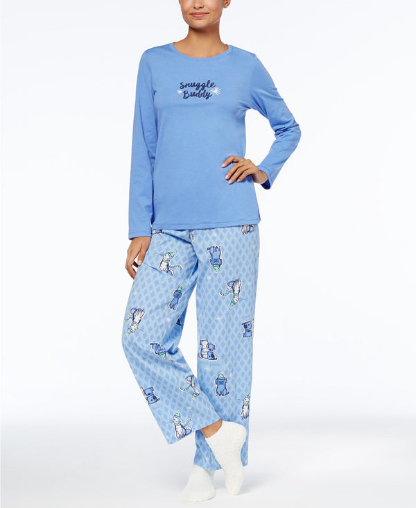 HUE Womens Graphic Top, Socks & Printed Pajama 3 Piece Set Wedgewood Medium