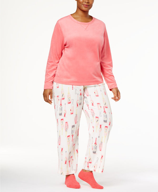 HUE Womens Plus Size Sueded Fleece Top & Pants With Socks 3 Piece Rose 1X