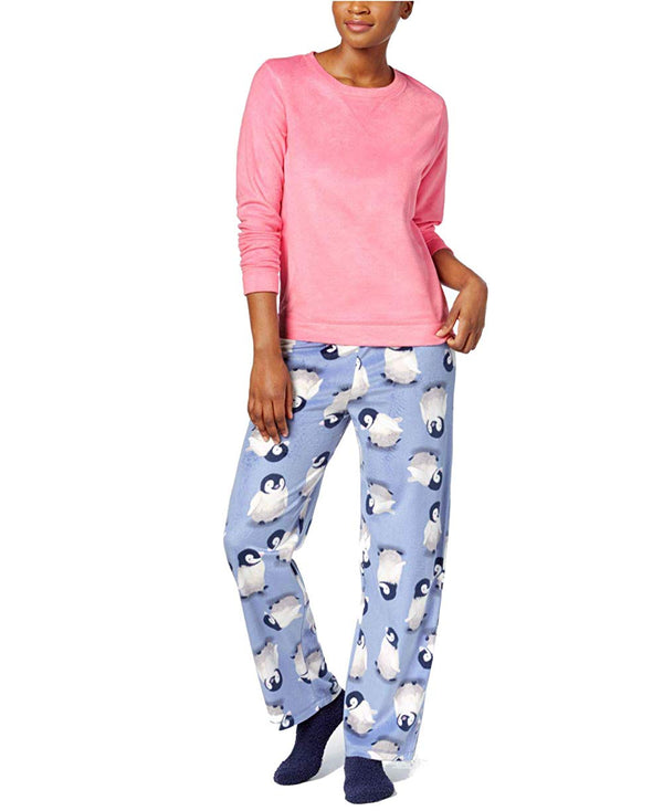 HUE Womens Plus Size Sueded Fleece Top & Pants With Socks Pajama 3 Piece Pink 1X