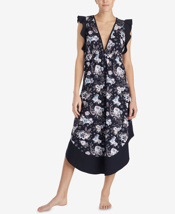 Betsey Johnson Womens Printed Ruffle Sleeve Maxi Nightgown