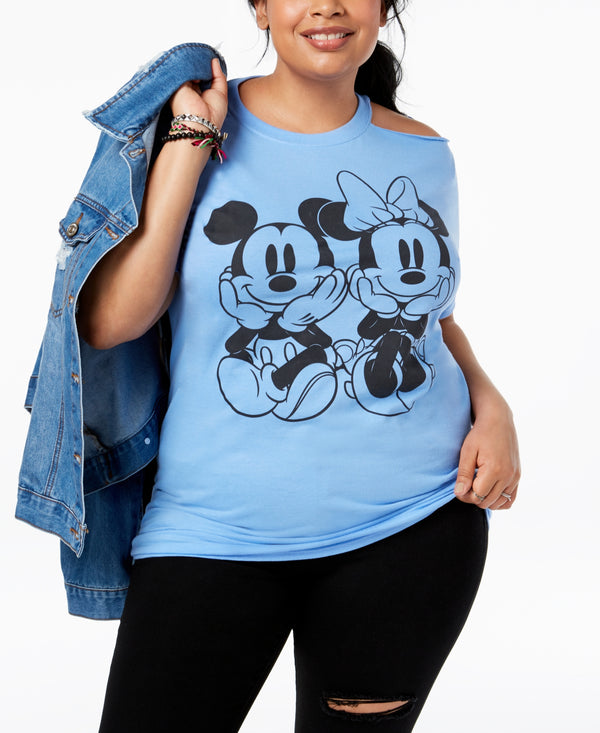 Disney Womens Plus Size Mickey & Minnie Mouse Cold-Shoulder T-Shirt Blue 1X