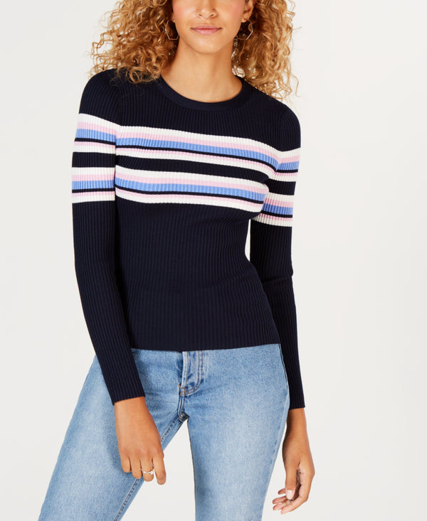 Hooked Up by IOT Juniors Striped Ribbed Zip Sweater