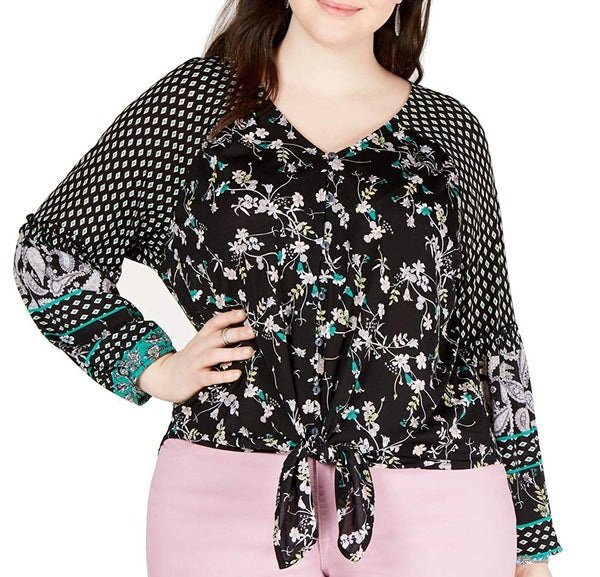 Style & Co Womens Plus Size Mixed Print Tie Front Top