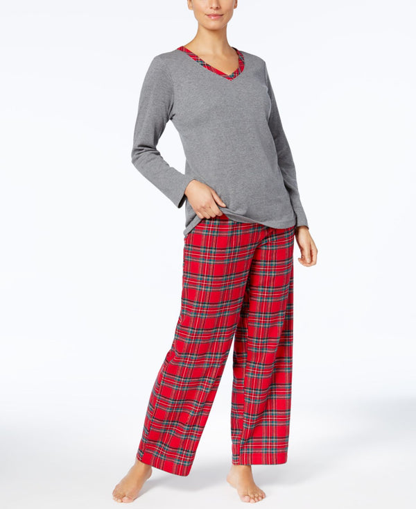 Charter Club Womens Flannel Mix It Top And Printed Pants Pajama Set