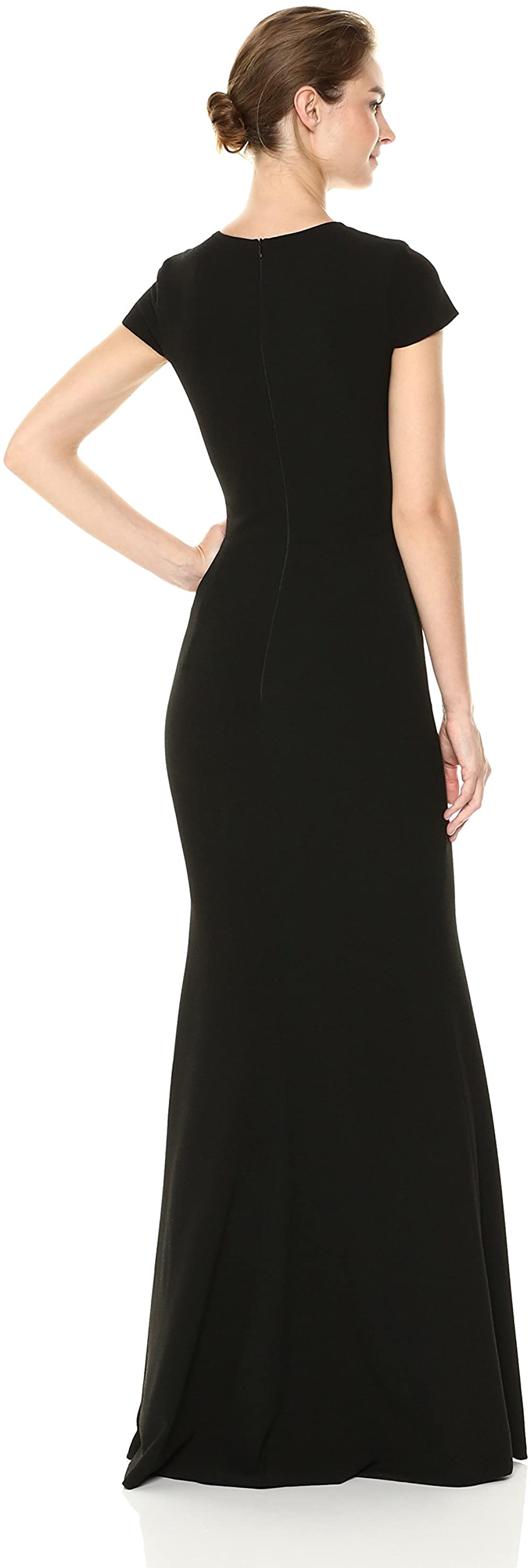 Dress the Population Womens Leah Plunging Illusion Cap Sleeve Crepe Gown