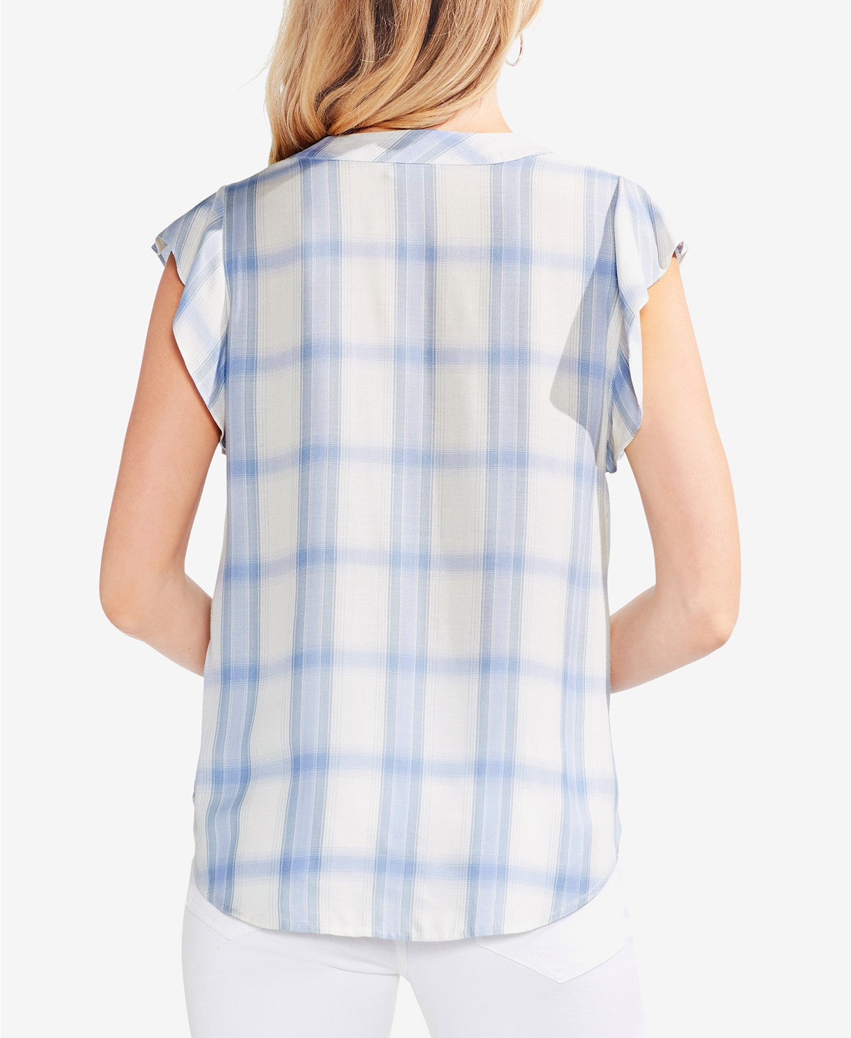 Vince Camuto Womens Plaid Flutter Sleeve Top