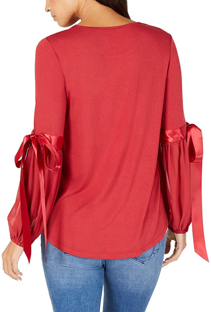 Vince Camuto Womens Tie Sleeves Sheer Pullover Top