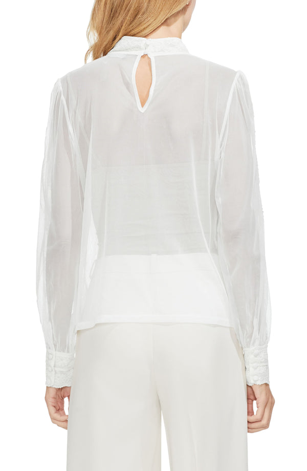 Vince Camuto Womens Mock Neck Mesh and Lace Blouse