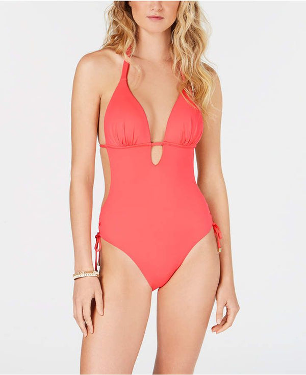 bar III Womens CORAL Solid Cutout One Piece Swimsuit