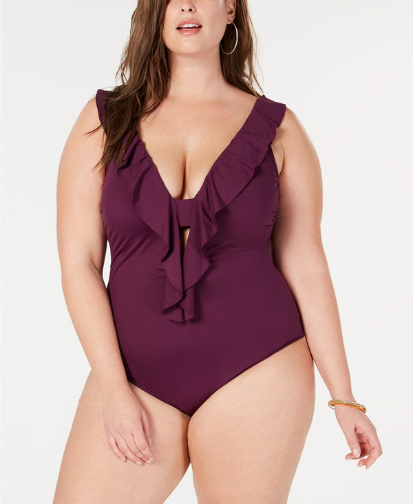 BECCA ETC Womens Plus Size Color Code Ruffled One Piece Swimsuit