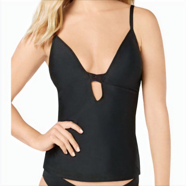 bar III Womens Solid Plunging Molded Cup Tankini Top Black