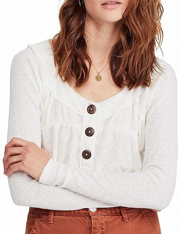 Free People Womens Must Have Ribbed Thermal Henley Top OB915114-IVORY