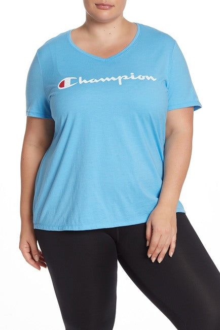 Champion Womens Plus Size Logo Double Dry Cotton V-Neck T-Shirt Color Teal Heath