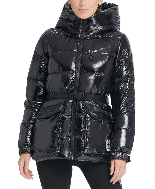 DKNY Womens Sport Belted Hooded Puffer Jacket Black Medium