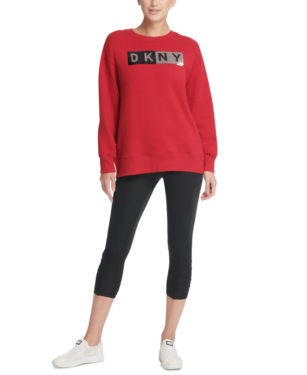 DKNY Womens Sport Sequin Logo Long Line Sweatshirt Black Medium