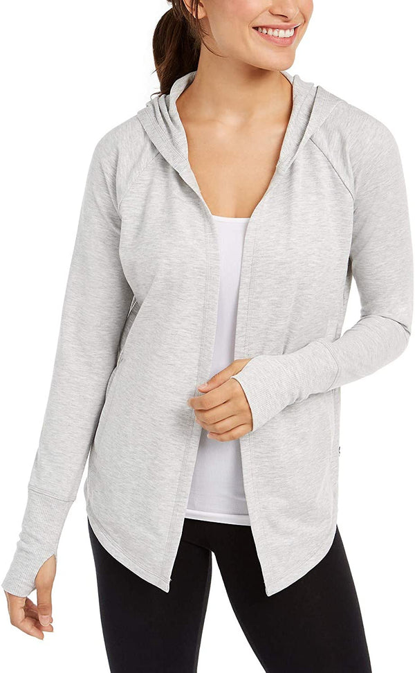 Ideology Womens Ruched-back Open Hooded Cardigan GREY WHISPER HT