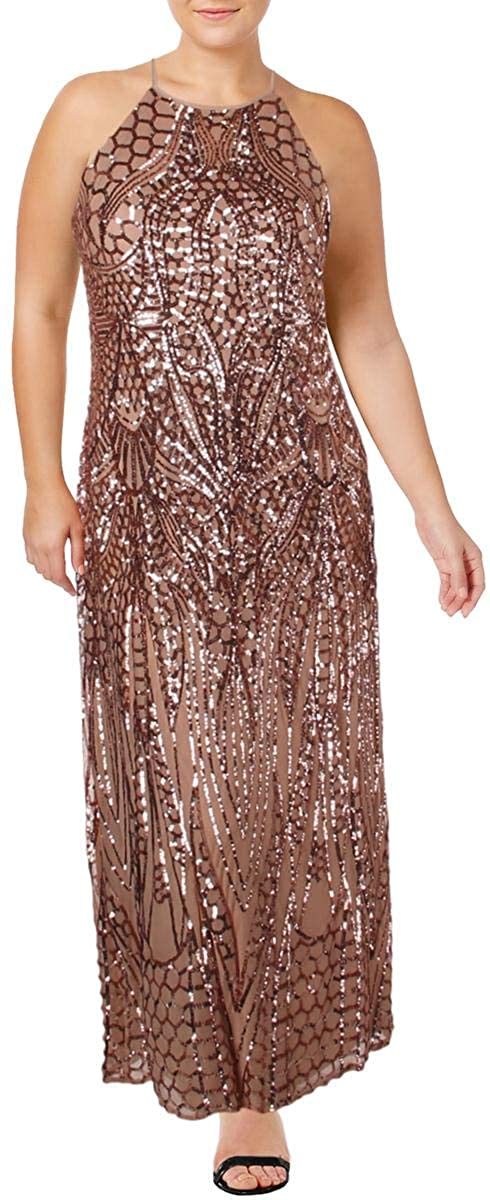 Morgan Womens Plus Size Sequin Patterned Backless Gown