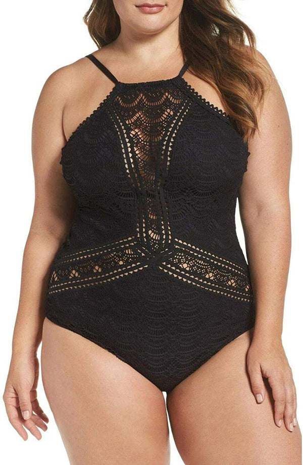 BECCA Womens Plus Size Colorplay High Neck Crochet One Piece Swimsuit