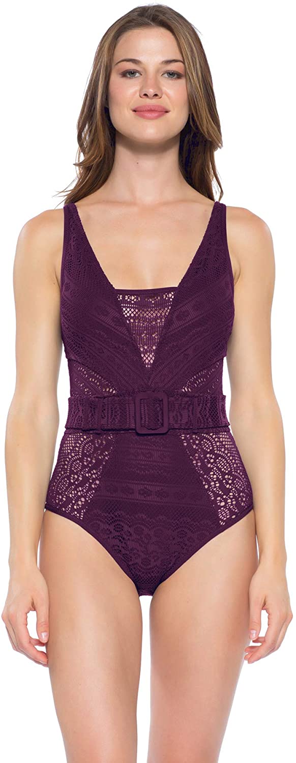 Becca Womens Play Crochet Belted One Piece Swimsuit