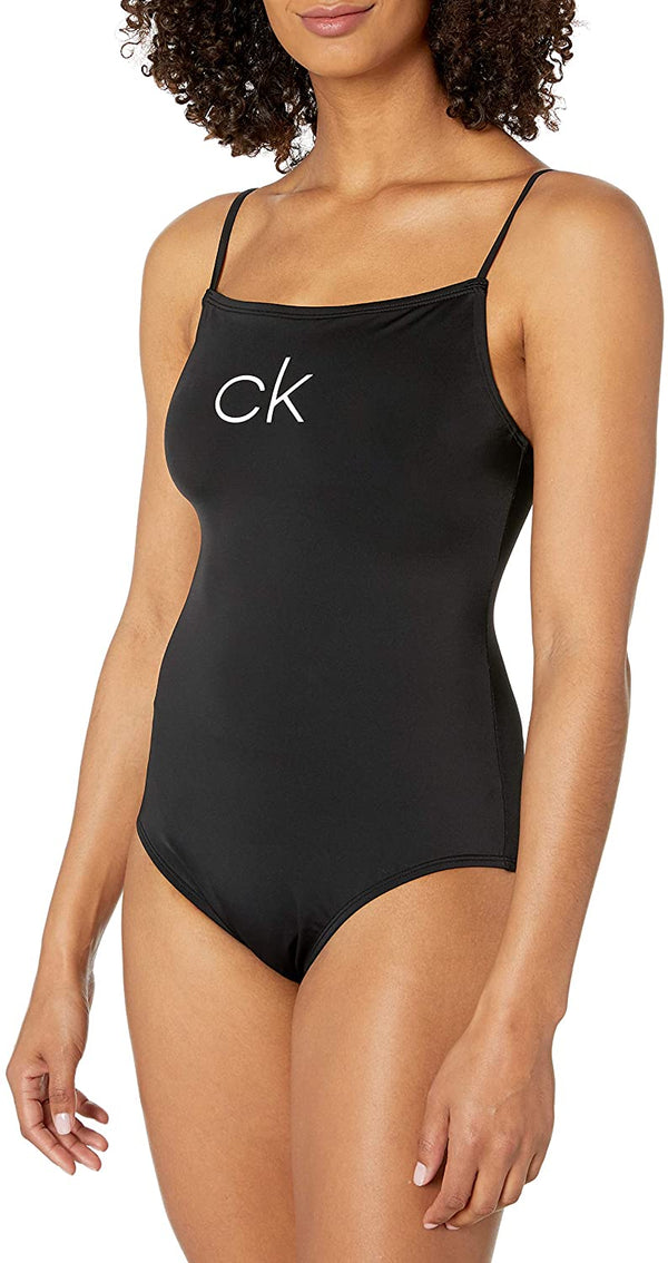 Calvin Klein Womens Logo Straight Neckline One Piece Swimsuit