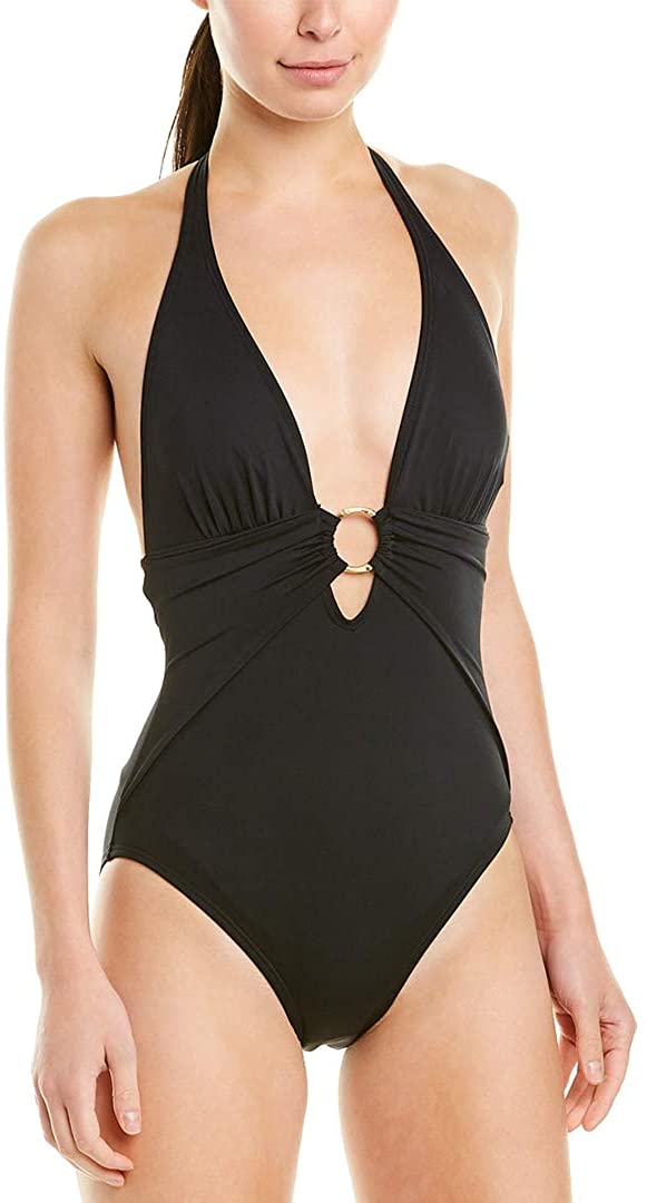 Carmen Marc Val Womens Plunge Halter One-piece Swimsuit C17094-BLACK