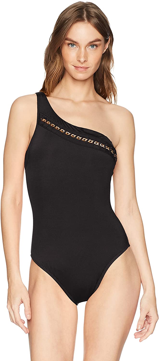 Kenneth Cole New York Womens Embellished One Shoulder Tummy Control One Piece Swimsuit