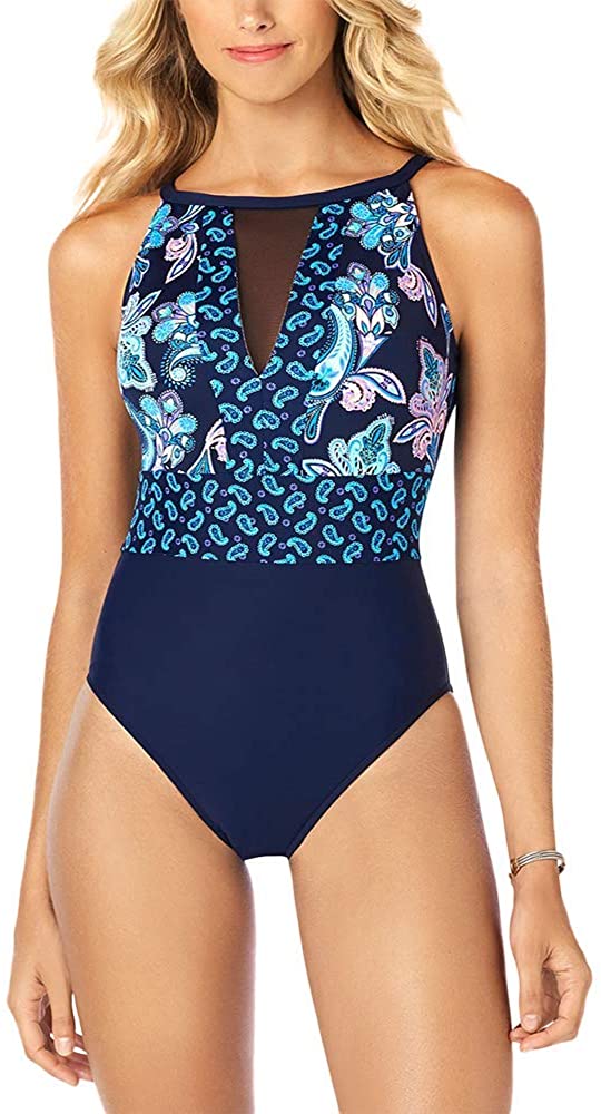 Swim Solutions Womens High neck Mesh inset Tummy control One piece Swimsuit
