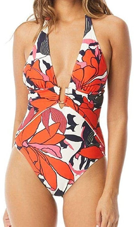 Vince Camuto Womens Printed Plunging V One Piece Swimsuit