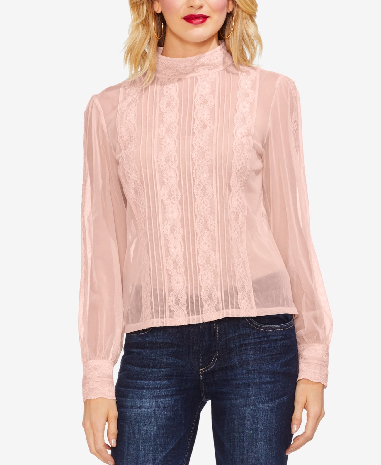 Vince Camuto Womens Mock Neck Mesh and Lace Blouse