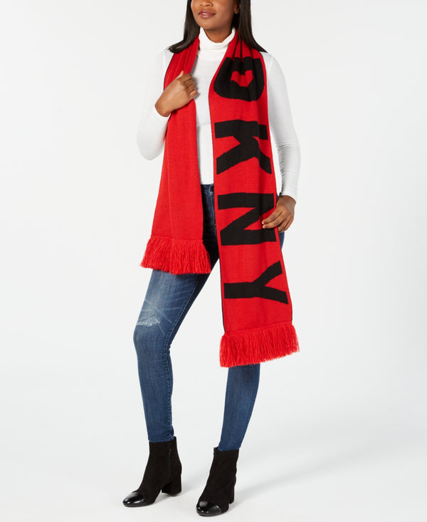 DKNY Womens Bold Logo Fringe Scarf Color Red