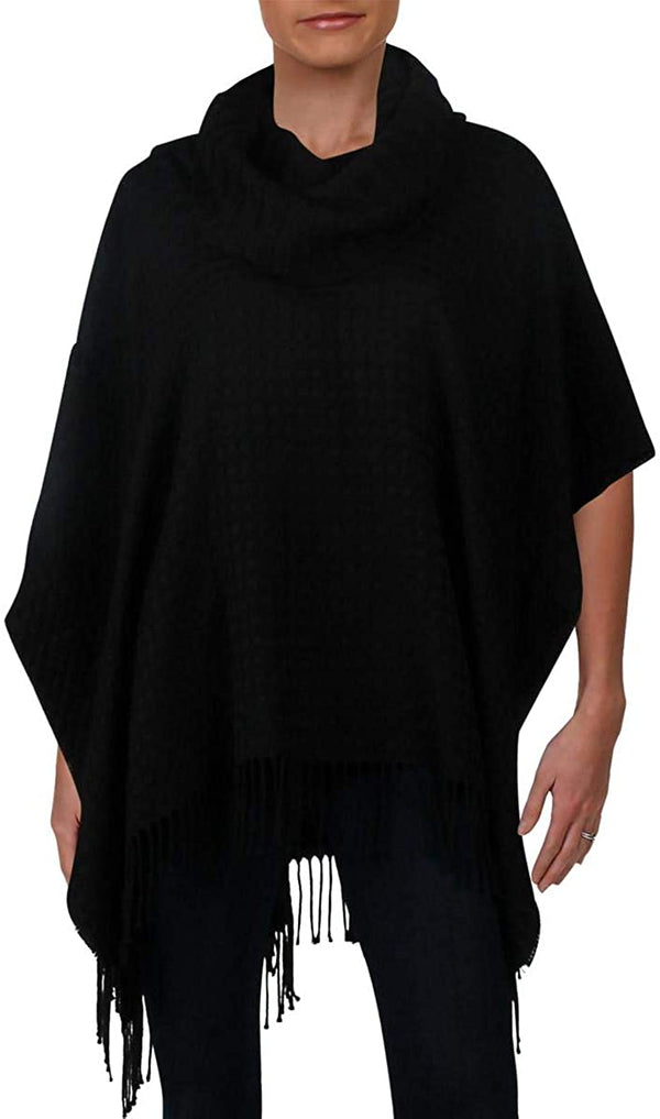 V. Fraas Womens Cowl-Neck Fringe Knit Poncho Color Black