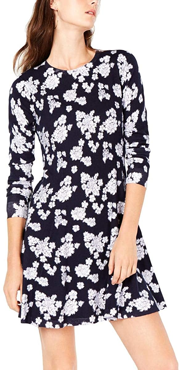 Michael Kors Womens Printed Flared Sweater Dress Color True Navy/White