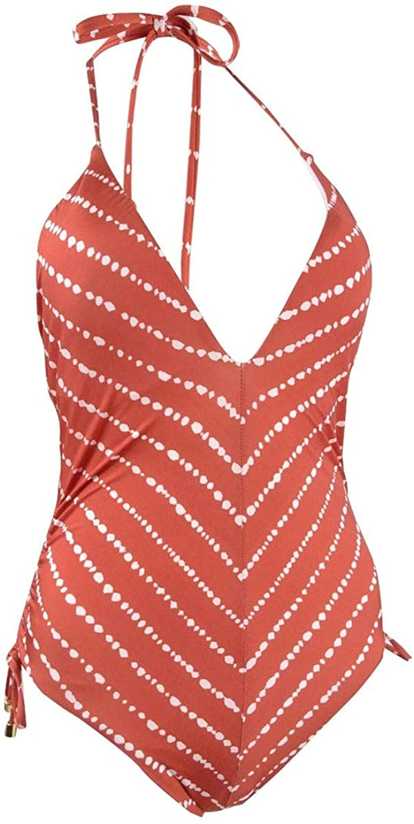 bar III Womens Dotted Stripe Plunging One Piece Swimsuit Color Cinnamon