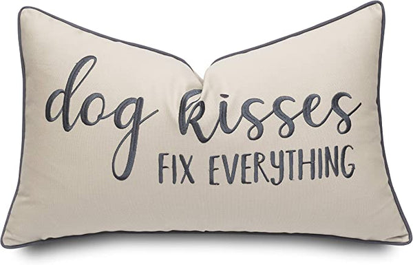 Rudransha Dog Kisses Fix Everything Embroidered Lumbar Accent Throw Pillowcase, 14 X 24 Inch