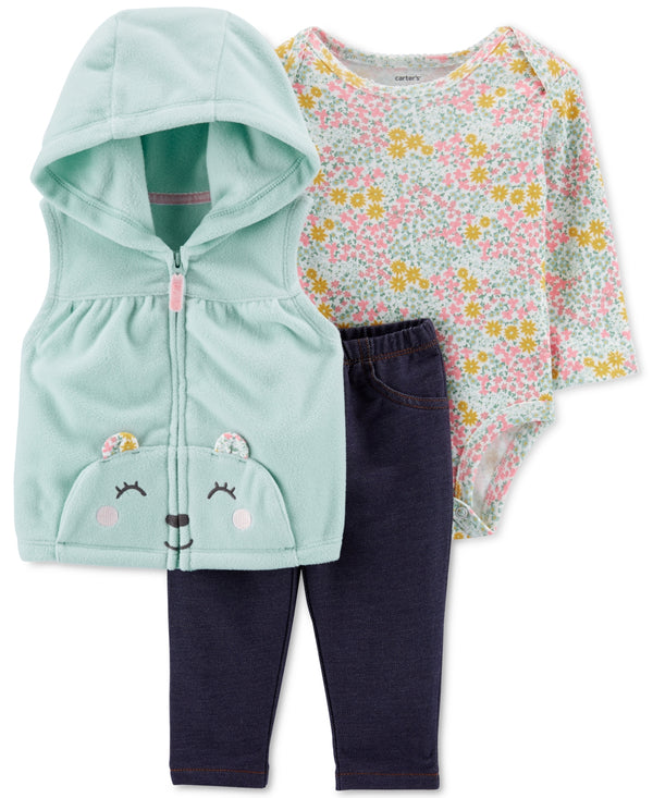 allbrand365 Designer Newborn 3 Piece Fleece Vest And Floral print Bodysuit And Pants Set