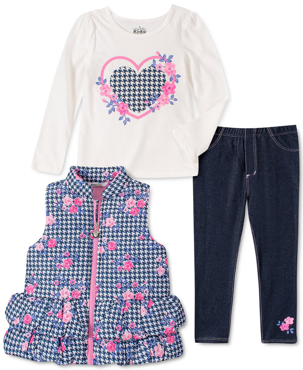 Kids Headquarters Infant Girls Printed Peplum Puffer Vest T-Shirt And Jeggings Set