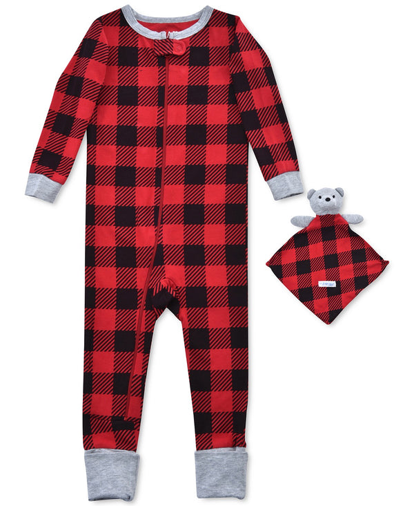 Max & Olivia Infant Boys Buffalo Check Coverall Pajama & Bear Blankie Buddy Set