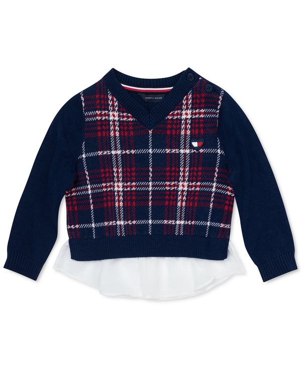 Tommy Hilfiger Infant Girls Layered look Plaid Cotton Sweater