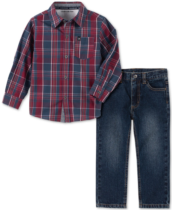 Calvin Klein Little Kid Boys Plaid 2 Pieces Shirt And Jeans Set