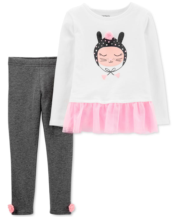 allbrand365 Designer Infant Girls Cat Peplum And Pom Pom Tunic And Leggings Set