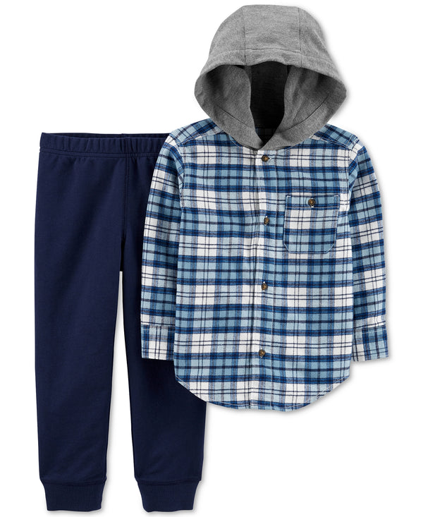 allbrand365 Designer Infant Boys Cotton Hooded Flannel Shirt And Jogger Pants Set 2 Piece Set