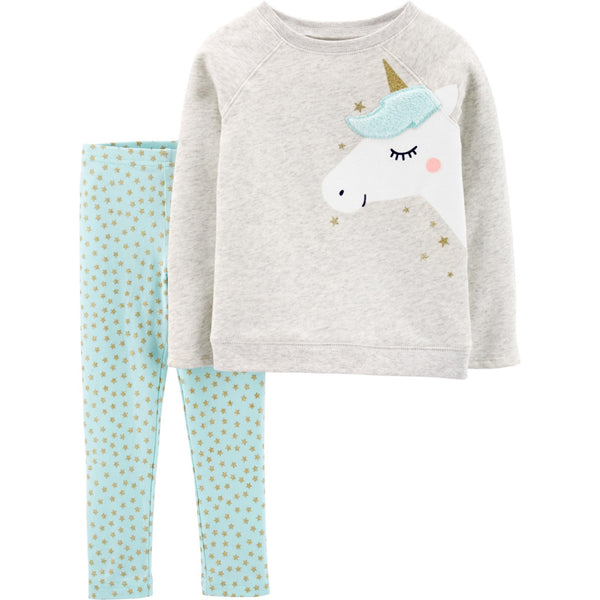 allbrand365 Designer Toddler Girls Fleece Unicorn Top And Star print Leggings Set 2 Piece Se
