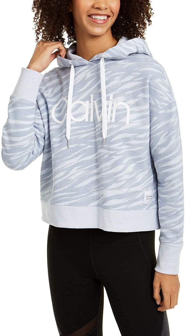Calvin Klein Womens Zebra-Print Logo Hoodie Color Spray Grey