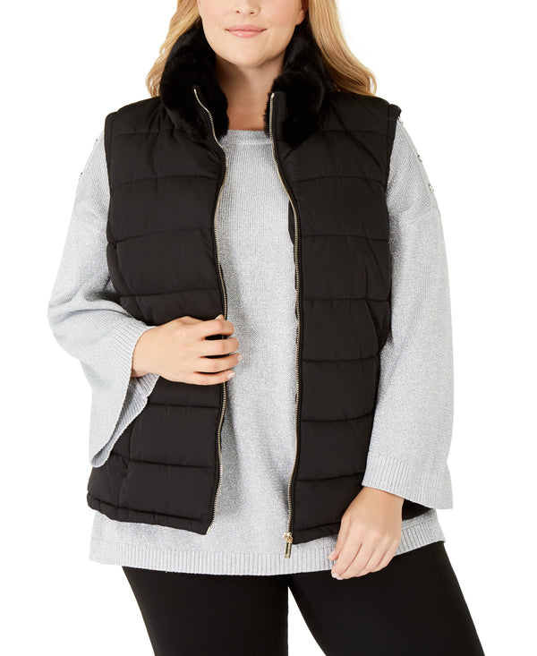 Calvin Klein Womens Plus Size Faux Fur Puffer Outerwear Vest