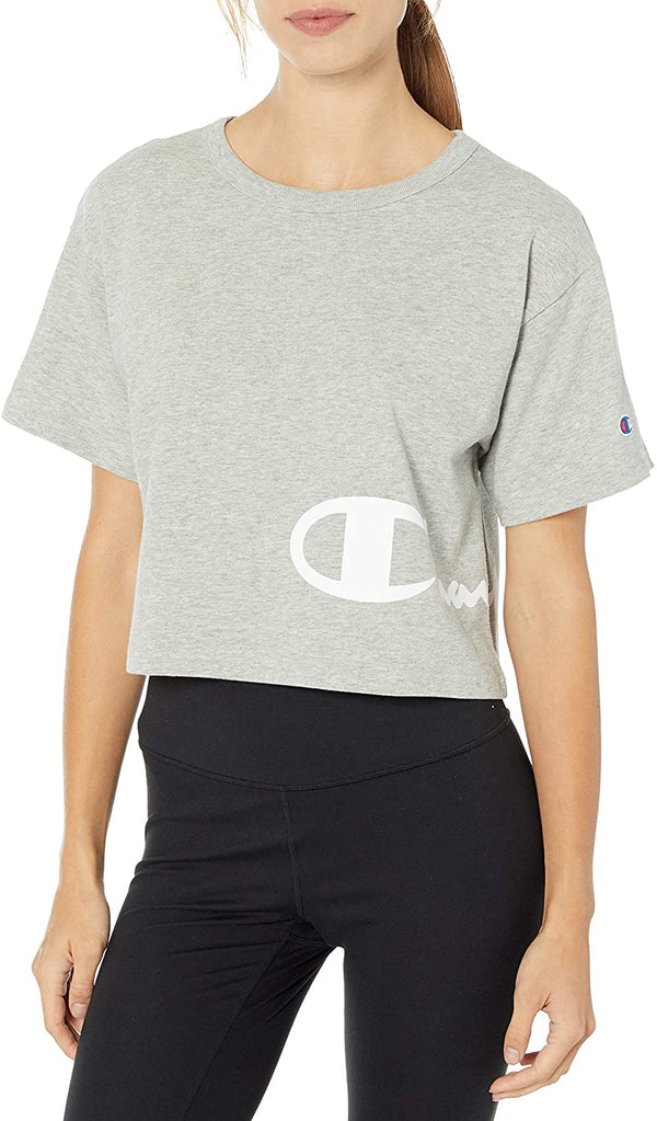 Champion Womens Heritage Script-Logo Cropped T-Shirt Color Oxford Gray