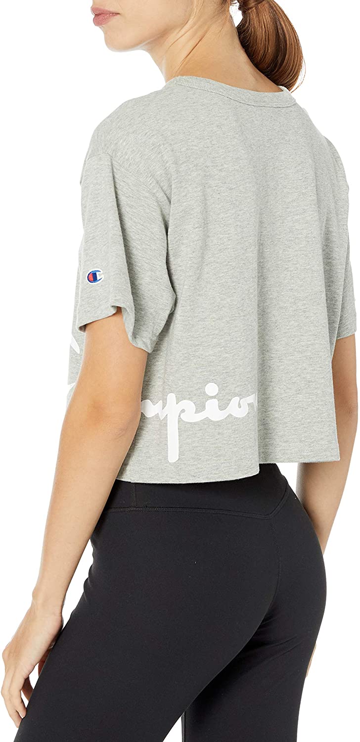 Champion Womens Heritage Script-Logo Cropped T-Shirt Color Oxford Gray