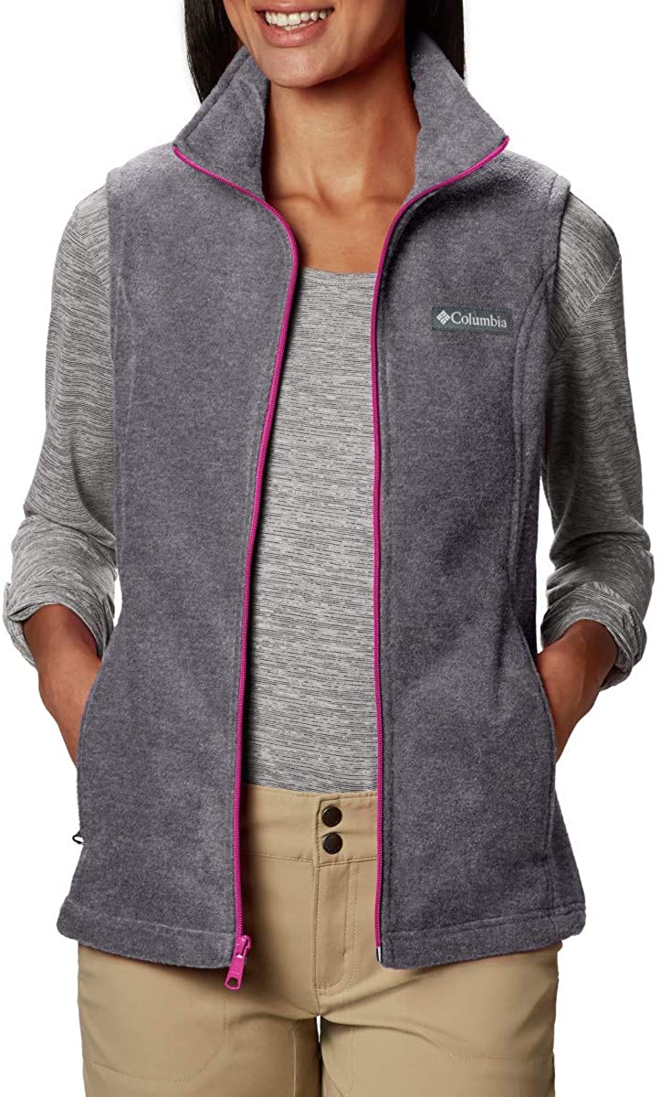 Columbia Womens Benton Springs Fleece Vest Color Light Grey Heather/Fuchsia